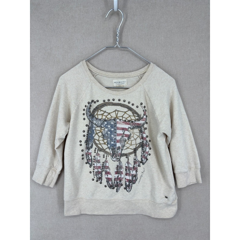 Denim Supply Ralph Lauren Sweatshirt Womens S Beige Dreamcatcher Skull Studded